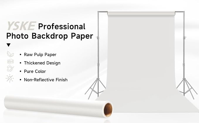 YSKE-Seamless White Paper Backdrop Roll for Photography, Photo Background, and Photoshoot Cover–Roll of Paper with Backdrop Cover for Background Stand,Thick Anti-Wrinkle Matte(53''x16.4',Snow White) - Image 3