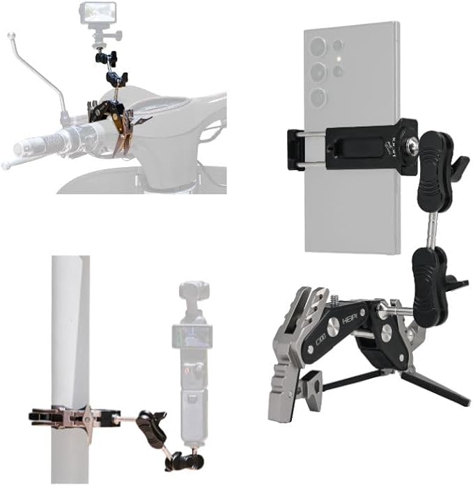 HEIPI C100 Super Clamp & MA137 Magic Arm & Phone Clip, Max Clamping 3.93" | Clamp & stand design. Max clamping 3.93" / 10cm. Dual screw mounts: 1/4"-20 & 3/8"-16. Universal for tripod accessories by HEIPIVision