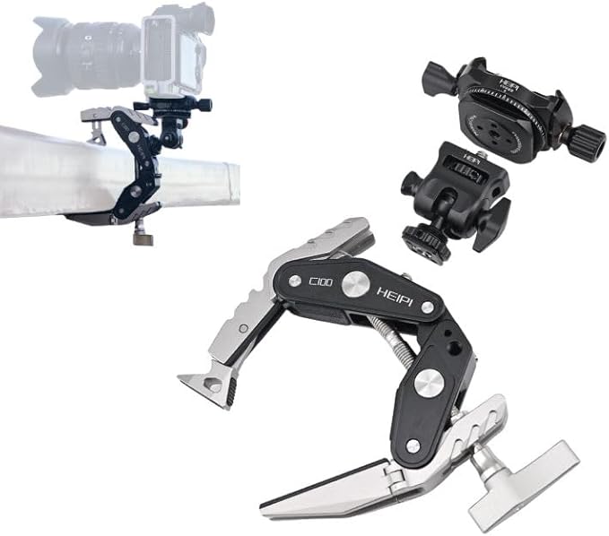 HEIPI C100 Super Clamp & Mini Ball Head & Panning Base, Max Clamping 3.93" | Clamp & stand design. Max clamping 3.93"/10cm. Dual screw mounts: 1/4"-20,3/8"-16. Compatible with phone, action camera, DSLR by HEIPIVision
