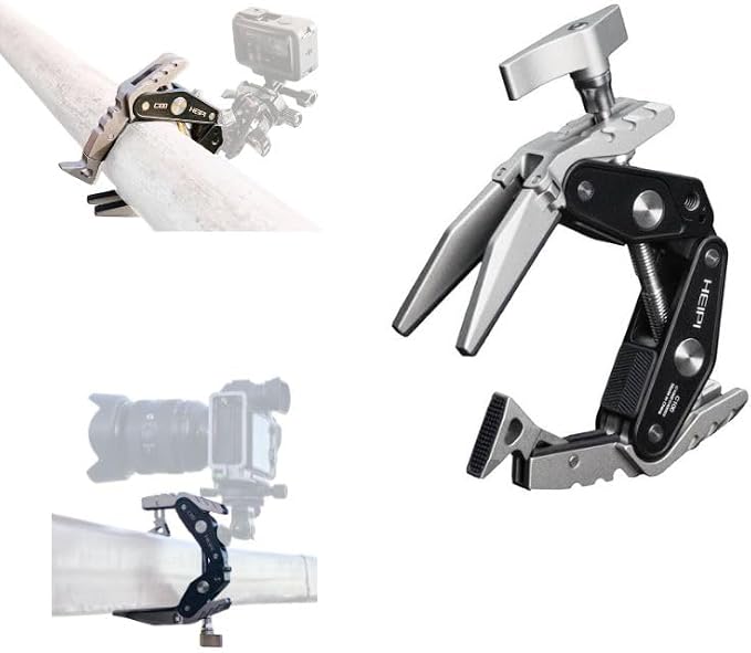 HEIPI C100 Super Clamp, Max Clamping 3.93" with 1/4"-20 & 3/8"-16 Screw | 2-in-1 clamp & stand design. Max clamping 3.93"/10cm.Compatible with phone, action camera, DSLR. Universal tripod accessories by HEIPIVision