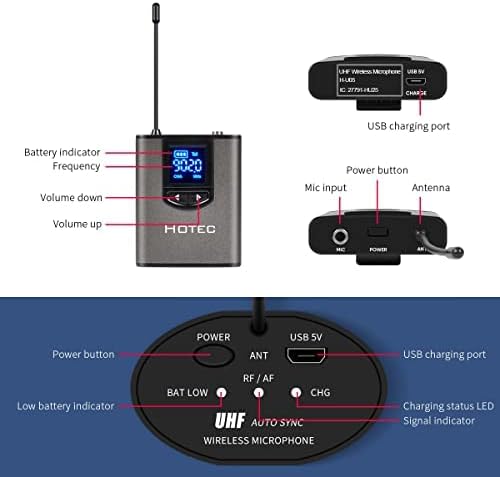 HOTEC UHF Wireless Headset Microphone/Lavalier Lapel Mic with Bodypack Transmitter and Mini Rechargeable Receiver 1/4" Output for Vlogging or Speech - Image 8