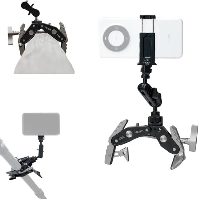 HEIPI C100 Super Clamp & MA175 Magic Arm & Phone Clip, Max Clamping 3.93" | Clamp & stand design. Max clamping 3.93" / 10cm. Dual screw mounts: 1/4"-20 & 3/8"-16. Compatible with phone by HEIPIVision