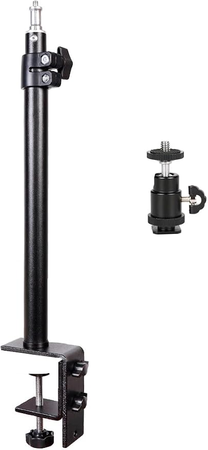 Camera Desk Mount with C Clamp, 18"-23" Adjustable Desktop Light Stands with 1/4" Ball Heads Cold Shoe Adapters, Sturdy Metal Clamp for Webcam, DSLR Camera, Ring Light, Microphone, Max Load 2kg by LSYRIA