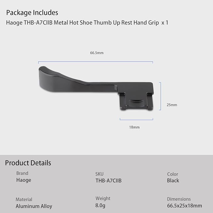 Haoge Metal Thumb Up for Sony α7CII,α7CR Alpha 7CII,ILCE-7CII,A7CR Digital Camera Accessories (Not Fits A7C) Black THB-A7CII-B Hot Shoe Rest Hand Grip - Image 9