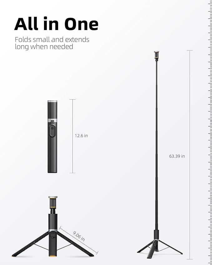 TODI 63" Cell Phone Selfie Stick Tripod, Portable Tripod for iPhone with Wireless Remote, Extendable Smartphone Stand, All-in-1, Compatible with iPhone/Android - Image 7