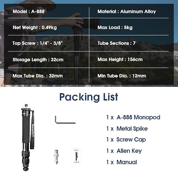 A-888 Camera Monopod, Length 32cm - 156cm, Aluminum Monopods for Cameras 7 Sections, Compact Travel Portable Selfie Stick for DSLR Smartphone Concert Festival - Image 7