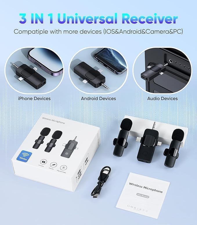 Wireless Lavalier Microphone for iPhone & Android & iPad & Camera - 2 Pack 3 in 1 Mini Microphones with Noise Reduction Lapel Mic for ​​Live Stream Content Creators Podcast - Image 6
