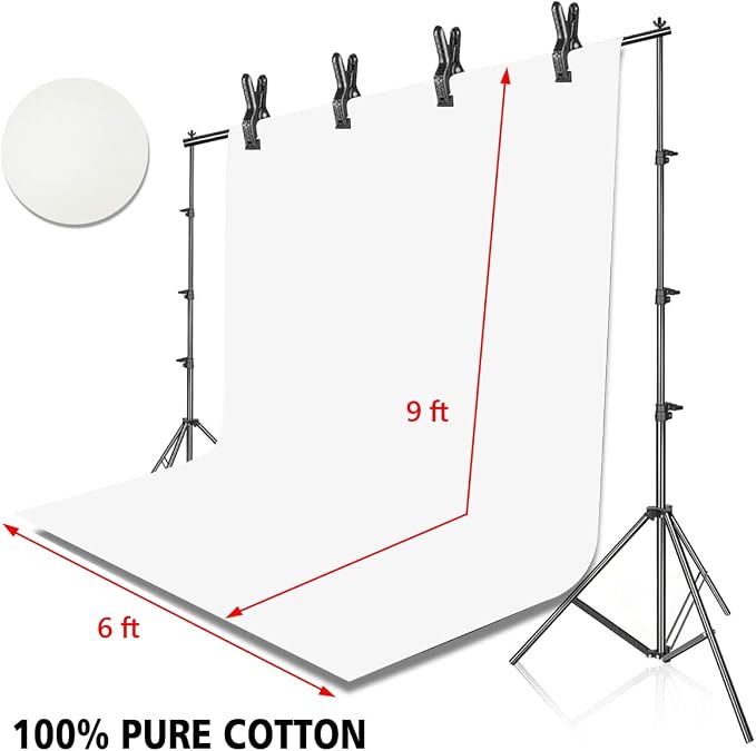 Photo Background Support System with 8.5 x 10ft Backdrop Stand Kit, 100% White Cotton Muslin Backdrop,Clamp, Carry Bag for Photography Video Studio - Image 6