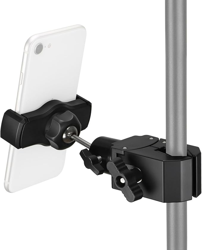 Pole Mount Clamp Phone Holder, Mic Stand Phone Holder with 360° Ballhead & Adjustable Phone Clip, Compatible with Most Smartphones, for Poles, Tabletops Microphone Stand Treadmill, Spin Bike by Unknown