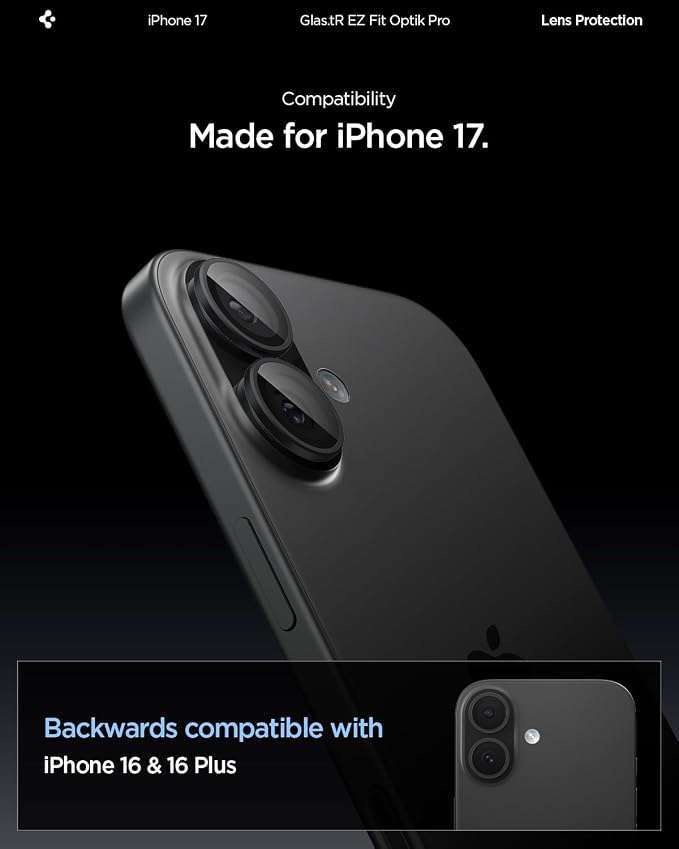 Spigen Camera Lens Protector for iPhone 17/16 Plus/16 - Black | GlasTR EZ Fit Optik Pro, 9H+ Tempered glass, Scratch resistant, Auto-align tray, Case-friendly, Original Photo Quality, 2Pack - Image 2