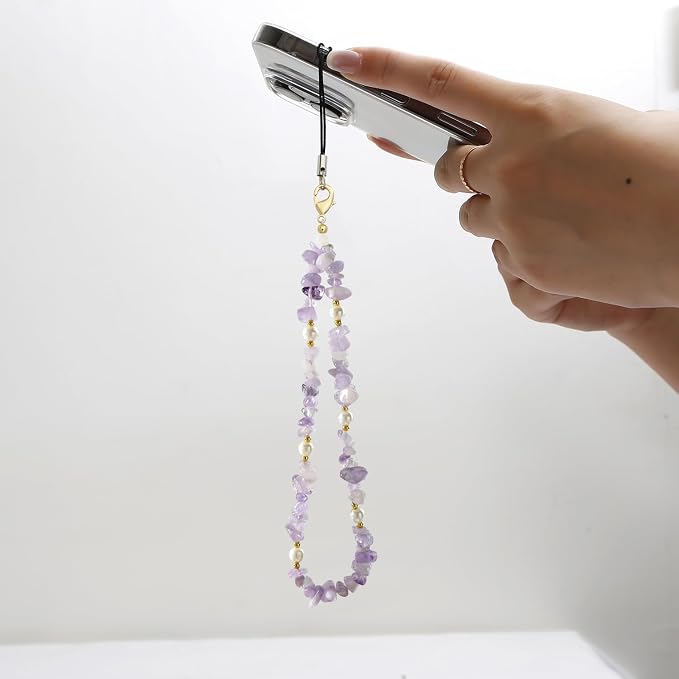 Natural Gemstone Phone Charms Wrist Strap Lanyard Beaded Phone Strap for Women Girls (Purple) - Image 6