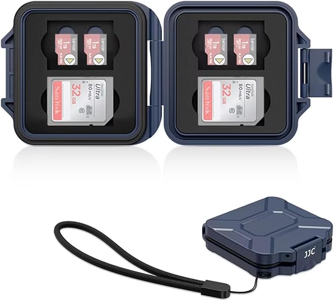 JJC Small SD Card Case Holder for 4 SD & 8 Micro SD Memory Cards, Dark Blue | 12 Slots, Slim & Lightweight Design, Water-Resistant & Shockproof, Soft EVA Interior, Includes Wrist Strap, Easy to Carry by JJC