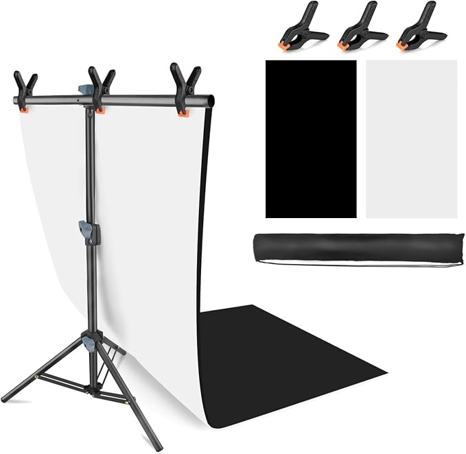 Product Photography Photo Backdrops Stand Kit, Photo Background, 26.8x50in White Black Backdrop Background with 26x29in Small T-Shape Backdrop Stand Tabletop Photo Shoot for Jewelry Cosmetics by JEBUTU