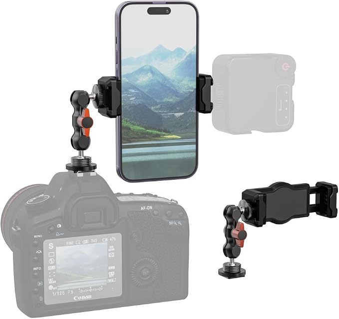 SOH Hot/Cold Shoe Phone Mount Holder, Universal 2 Ball Head Smartphone Mount Adapter, Cold Shoe Phone Clip Mount for iPhone 17/16/15, DSLR Camera LCD Camera Cage Flash LED Light Microphone and More by Followus