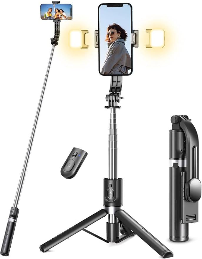 Selfie Stick Tripod with Light, 45'' Phone Tripod with Wireless Remote | Portable Travel Phone Tripod, Compatible with iPhone 16/15 Pro Max/15/14 Pro/14/13, Samsung S22/ S23 Ultra/Android Smartphone by Pnitri