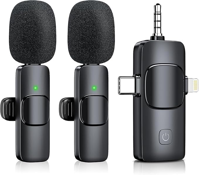 Wireless Lavalier Microphone for iPhone & Android & iPad & Camera - 2 Pack 3 in 1 Mini Microphones with Noise Reduction Lapel Mic for ​​Live Stream Content Creators Podcast by OUZIO