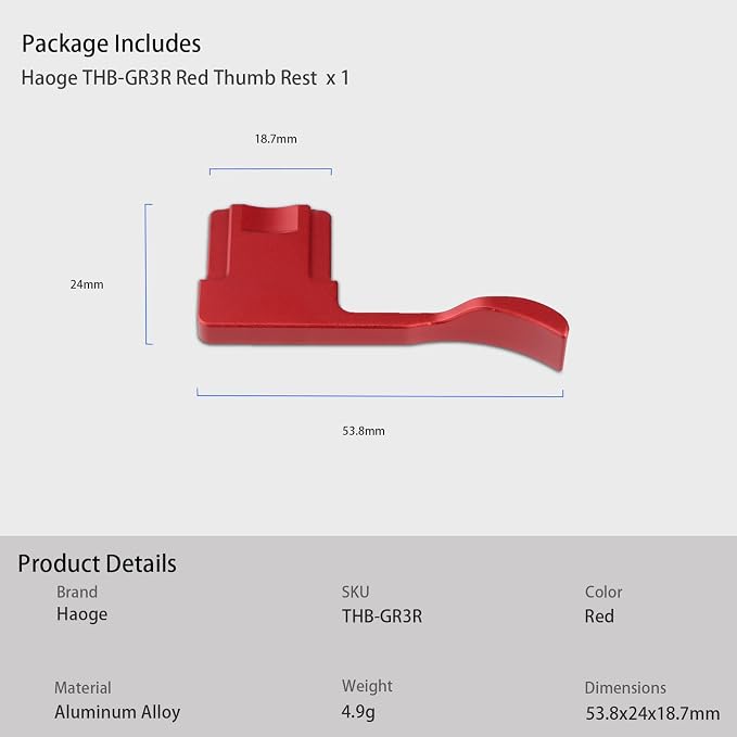 Haoge THB-GR3R Metal Hot Shoe Thumb Up Rest Hand Grip for RICOH GR III GRIII X GR3 GR3X GR IV GR4 Camera Red - Image 7