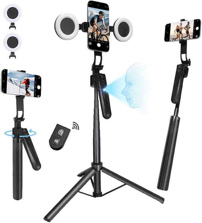 Auto Face Tracking Tripod for iPhone & Android with 2 LED Fill Lights | 360° Rotating Phone Tripod, 70.9″ Selfie Stick for Video Recording, Live Streaming by FCCABIN
