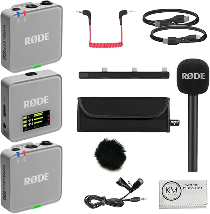 RØDE Wireless GO (Gen 3) 2-Person Compact Digital Wireless Microphone System/Recorder | 2.4 GHz, Stone Bundle with GO Handheld Mic Adapter + Lavalier Microphone + Furry Windscreen + Cloth (5 Items) by R%C3%98DE