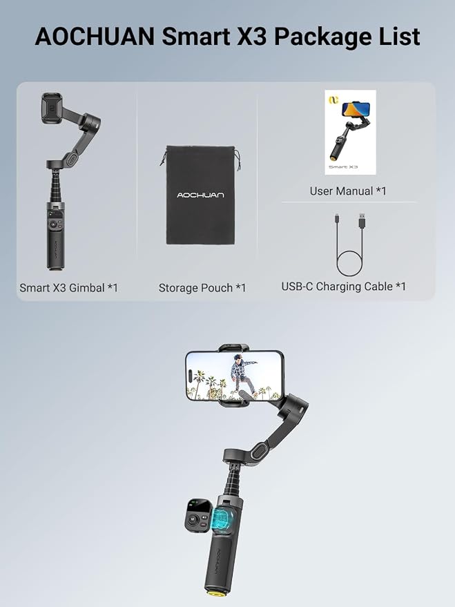 AOCHUAN Smart X3 360° Pan Rotation Gimbal Stabilizer for iPhone w/Remote | 20" Extension Rod & One-Touch Open Tripod, Phone Gimbal w/Magnetic Remote for Vlogging, Travel, Face/Object Tracking in APP - Image 9