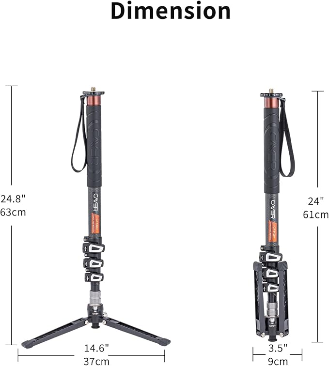 Cayer CF34DV Carbon Fiber Monopod, 68" with Folding Feet for Camera | Carbon Fiber Tube, Folding Feet, 4-Section, 68" Height, Monopod Leg with Feet Only - Image 7