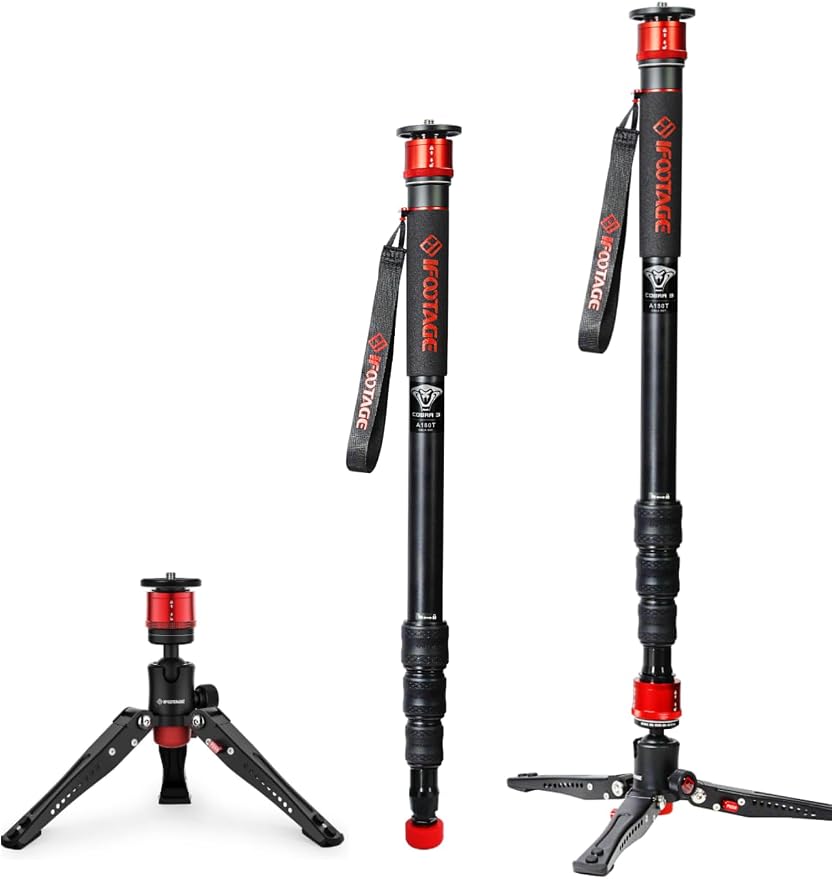 IFOOTAGE Cobra 3 A180T Aluminum Camera Monopod 71" | Telescopic Video Monopod with Feet Compatible with Sony Canon Nikon DSLR Cameras, Payload 17.6lb by IFOOTAGE