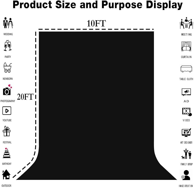 Black Photography Backdrop for Photoshoot, Fabric 10x20ft | Polyester Studio Photo Backgrounds, Non Reflective, Easy to Hang, for Portrait Shoot, Product, Party Decor, Video Creation - Image 8