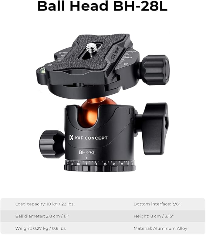 K&F CONCEPT 73 inch /186cm Camera Tripod,Transverse Center Column Aluminium DSLR Tripod with 360 Degree Ball Head 10kg Load Capacity,Quick Release Plate,Detachable Monopod T255A3+BH-28L - Image 5