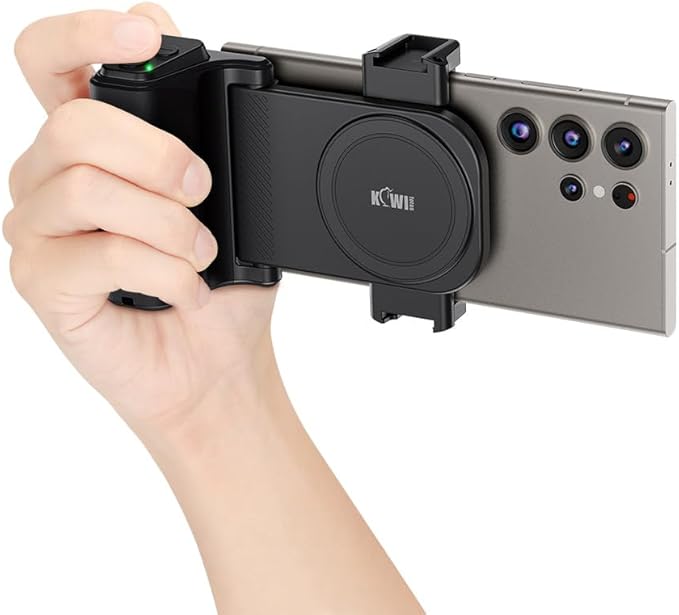 Phone Camera Grip with Remote Control for Smartphones Vlog Shooting | silicone anti-slip grip, detachable remote, dual cold shoe slots, 1/4" tripod thread, design for vlog video shooting by KIWIFOTOS