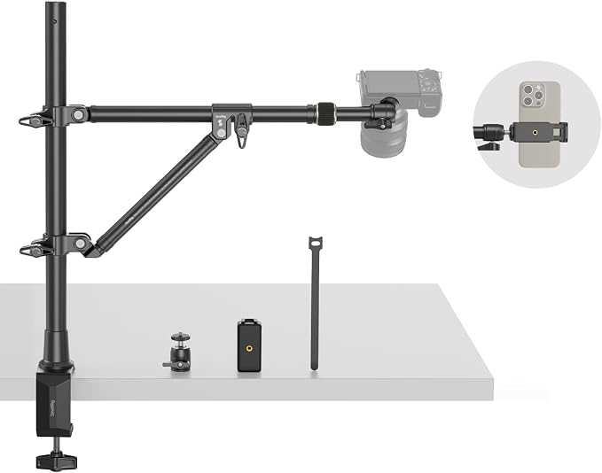 SMALLRIG Triangle Camera Desk Mount, Overhead Desk Clamp Phone Mount | with Auxiliary Support Rod, with Phone Holder & Ball Head for Camera/Phone/Light/Webcam, Max Load 6.6lbs by SmallRig