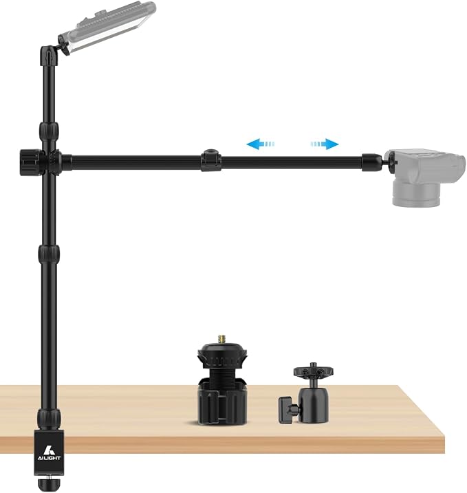 Ailight Overhead Camera Mount Desk Stand, 15.75"-33.45" Webcam Mount with 2-Section Adjustable Telescopic Boom Arm, C Clamp/Swiveling Ball Head for DSLR Camera, Ring Light, Webcam by Ailight