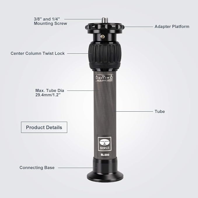 SIRUI SL-200 Carbon Fiber Tripod Extension Pole, Two-Section Center Column Extender for Tripods - Image 2