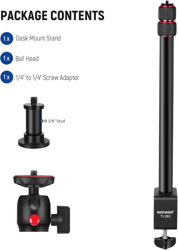 NEEWER Extendable Camera Desk Mount with Ball Head, 17"-40" Adjustable Table Light Stand with 1/4" Screw & C Clamp for DSLR Camera, Ring Light, Live Stream, Vlog, Max Load: 6.6lb/3kg, TL283 (RED) - Image 8