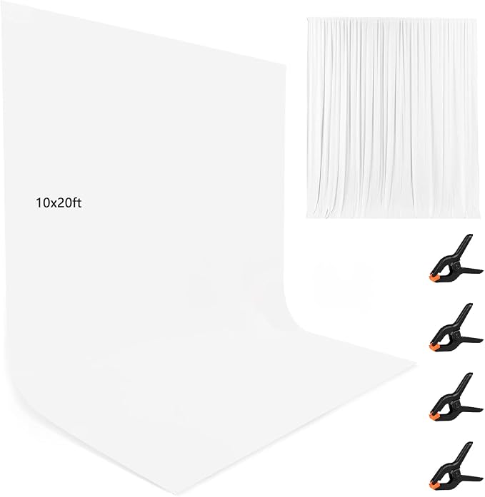 10X20ft White Photo Backdrops for Photography, LCUIRC Two Rod Pocket Backdrops Curtain for Parties, Polyester Background with 4 Clamps for Product Protrait Photoshoot or Parties Decoration by LCUIRC