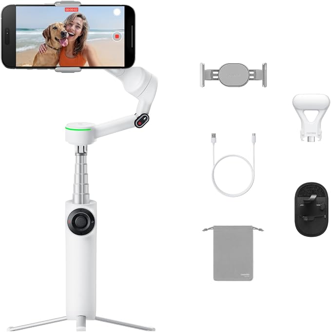 Insta360 Flow 2 Pro Vlog Bundle White - Foldable AI Phone Gimbal, Track in 200+ Apps with Apple DockKit, 360º Pan Tracking, Built-in Tripod/Selfie Stick, Remote Control, Spotlight/Backpack Mount by Unknown