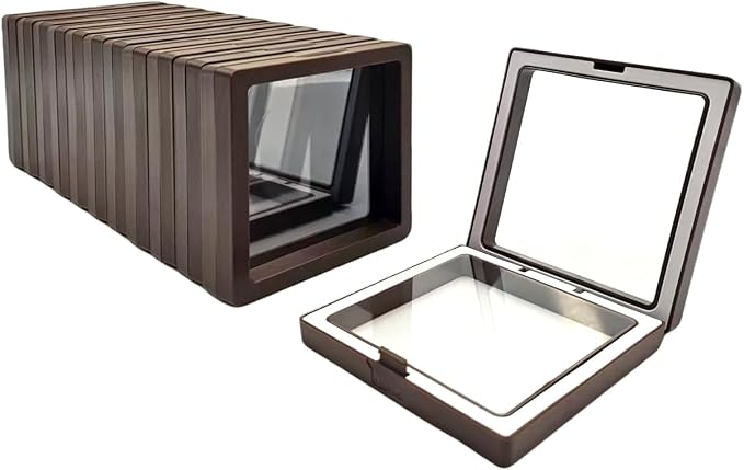 12 PCS Dual-Color Packaging Box 3D Floating Frame Display Stand, Color-Matching Packaging Display Box, Transparent Window Jewelry Case, PE Film Anti-Oxidation Storage Case. (Coffee color+white) by Unknown