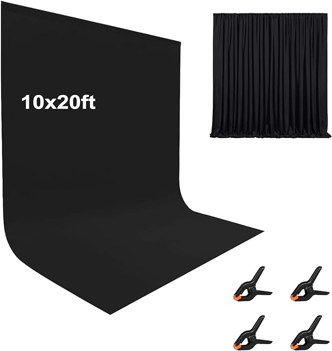 10X20ft Black Photo Backdrops for Photography, LCUIRC Two Rod Pocket Backdrops Curtain for Parties, Polyester Fabric Background with 4 Clamps for Product Protrait Photoshoot or Parties Decoration by LCUIRC