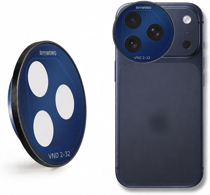 VND2-32 Lens Filter for iPhone 17 Pro, Blue | Variable ND filter controls exposure from ND2 to ND32 for outdoor video; quick-install design for iPhone photos and filming. by Raywowo