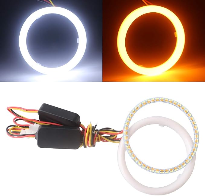 Qasim 1-Pair 80MM White+Amber Switchback 102SMD 4014 LED Halo Ring Angel Eyes Led Lights 12V by Qasim