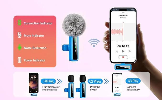 Wireless Lavalier Microphone for iPhone - iPad, Android Phone Computer, Mini Microphone for Live Streaming, Video Recording, Outdoor or Indoor Interviews, YouTube, TikTok, Vlog (Blue) - Image 4