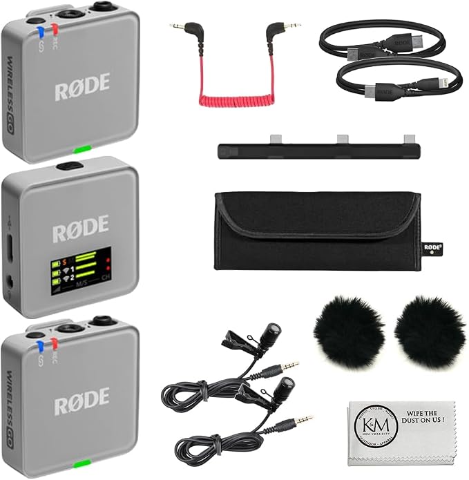 RØDE Wireless GO (Gen 3) 2-Person Compact Digital Wireless Microphone System/Recorder | 2.4 GHz, Stone Bundle with 2 Lavalier Microphones + 2 x Furry Windscreens + 2 x Cloths (7 Items) by R%C3%98DE