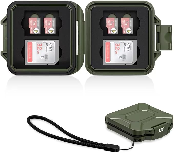 JJC Small SD Card Case Holder for 4 SD & 8 Micro SD Memory Cards, Green | 12 Slots, Slim & Lightweight Design, Water-Resistant & Shockproof, Soft EVA Interior, Includes Wrist Strap, Easy to Carry by JJC