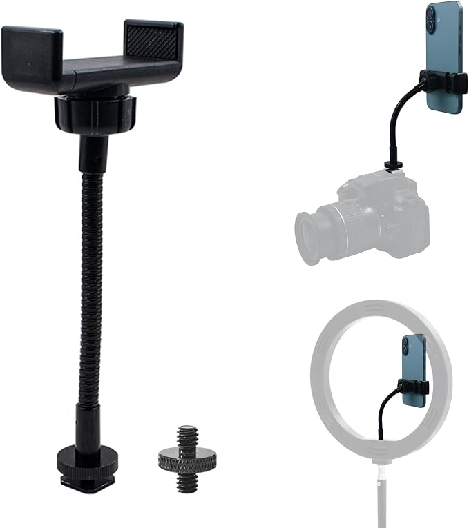 Ring Light Phone Holder with Hot Shoe & 1/4 Adapter, Adjustable Gooseneck | Universal Camera Phone Holder, Flexible Phone Mount Attachment Replacement for Camera, Ring Light & Tripod Stand by Hiyoo