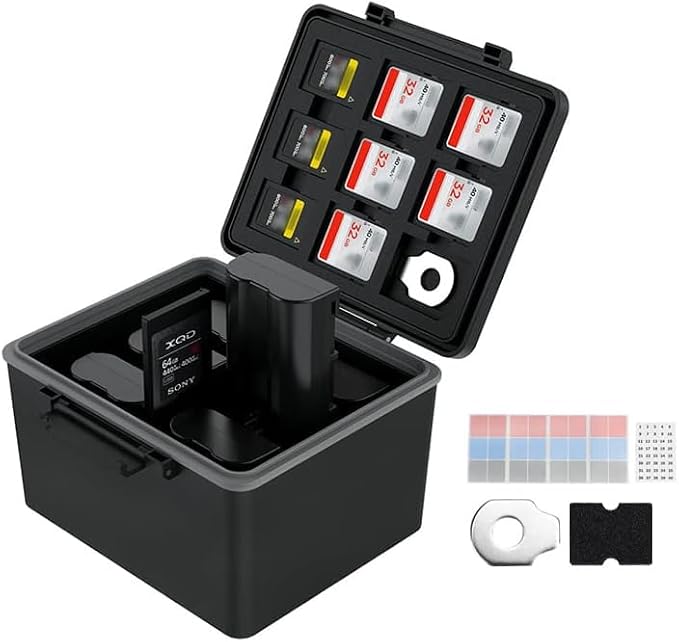 LP-E6 EN-EL15C NP-W235 FZ100 Camera Battery and Memory Card Case with Labels,DSLR SLR Battery Organizer Storage for 16 Micro SD 6 SD 3 CF Express Type A and 2 XQD/CF Cards,Water-Resistant & Shockproof by JJC