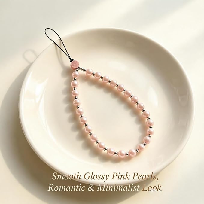 Phone Charm Beaded Strap Cute Cell Phone Wrist Straps String Accessories Hand Aesthetic Lanyard Wristlet Chain for iPhone 17 Pro Camera Case AirPods Bags Keychains Women Girls Rose Gold Pearl - Image 6