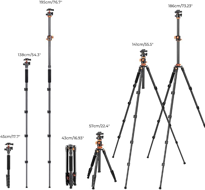 K&F CONCEPT 73 inch /186cm Camera Tripod,Transverse Center Column Aluminium DSLR Tripod with 360 Degree Ball Head 10kg Load Capacity,Quick Release Plate,Detachable Monopod T255A3+BH-28L - Image 6