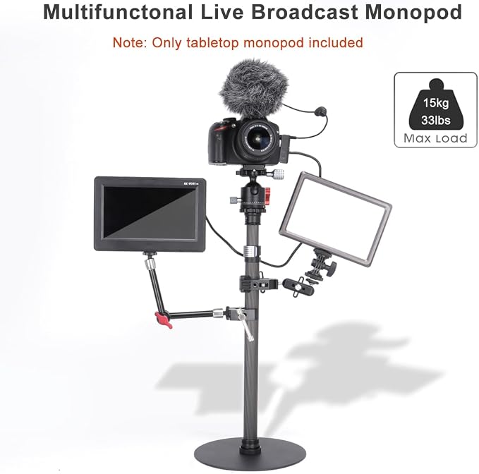 Koolehaoda Round Base Monopod 16"-28" Adjustable Tripod Stand for Desk | Carbon Fiber Tabletop Tripod with 1/4"-3/8" Thread for DSLR Camera Light Webcam for Live Streaming Vlogging, Payload 33lbs - Image 2