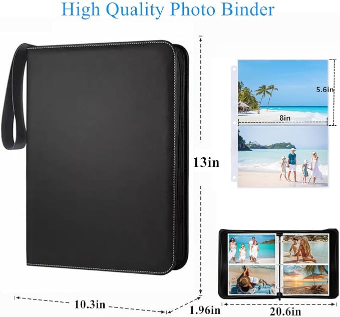 Photo Album 5x7 200 Pockets, Zip Photos Binder Album with 50Pcs Double Sided Pocket Sleeves, PU Leather Pictures Albums Folder, Seed Storage Binder Album (Black) - Image 3