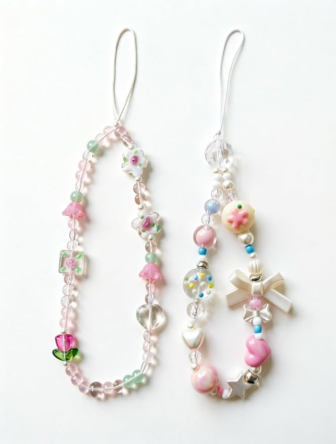 2 Pcs Phone Charm Strap Hand Wrist Strap Camera Lanyard Pearl Beaded Cute Chain String Accessories Universal for iPhone 17 Pro Max 16 15 for Samsung Women Girls Keychain Bag Pink Flower and Bows Heart by Casecond