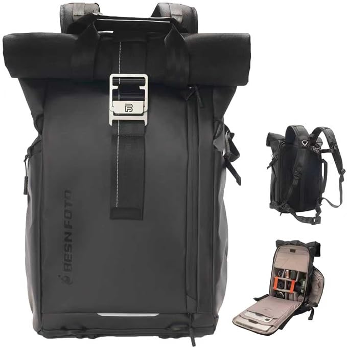 Waterproof Camera Backpack, Rolltop Photography Bag for Photographers, Expandable DSLR Mirrorless Case with 15.6" Laptop Compartment, Quick Side Access & Tripod Holder for Hiking Travel by Besnfoto